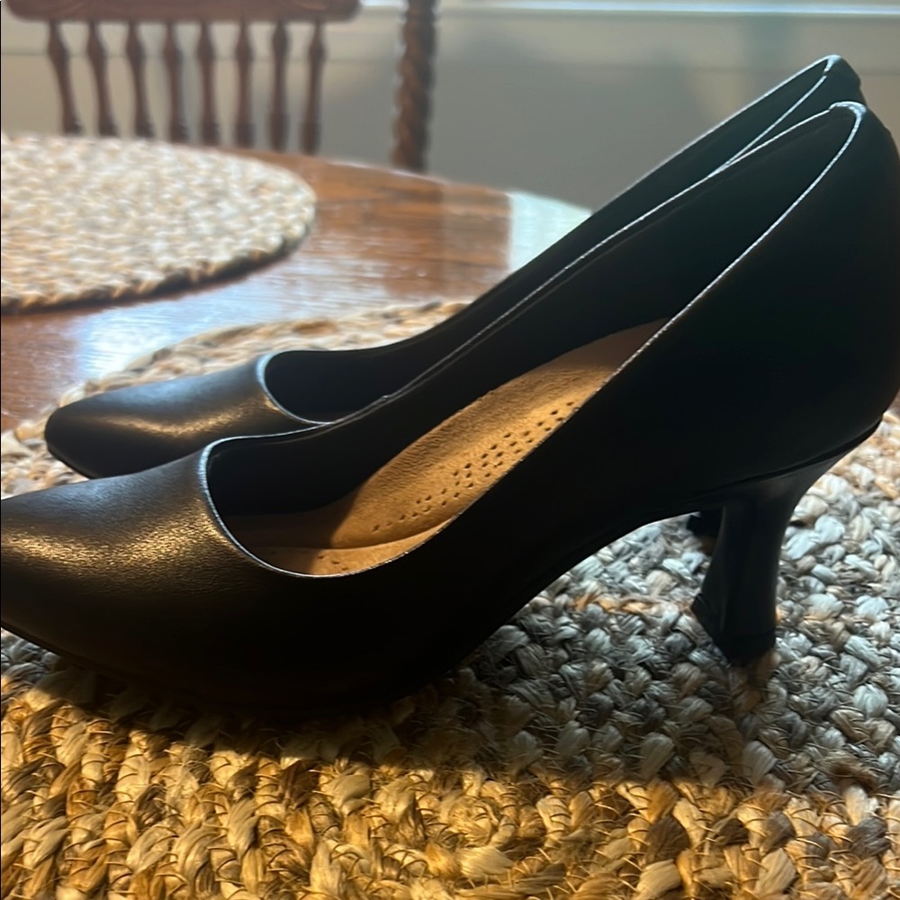 Clarks Black Leather Heels with Classic Rounded Toe